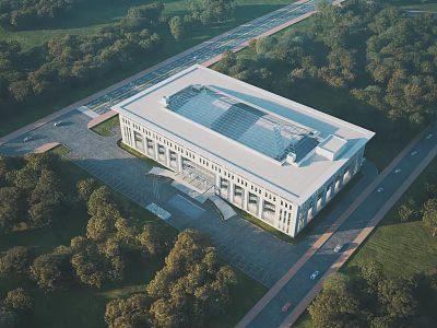 Modern Office Building with Glass Roof Surrounded by Greenery Trees Roads and Plaza Area 3d model