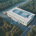 Modern Office Building with Glass Roof Surrounded by Greenery Trees Roads and Plaza Area