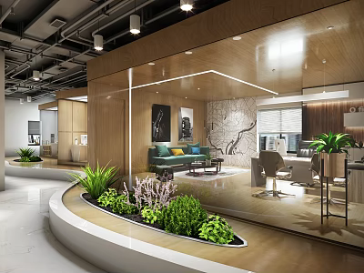 Modern Office Interior With Wooden Elements Glass Partition And Plant Area 3d model