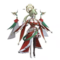 Elegant Woman In Red And White Outfit With Golden Crown Green Decorations And Star Accents