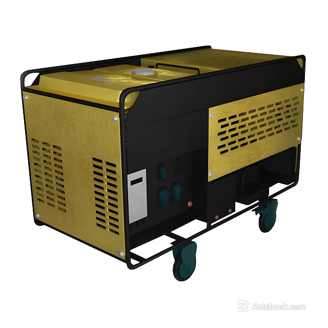 Industrial Portable Generator With Yellow And Black Casing Wheels Ventilation Grilles And Control Panel Design 3d model 