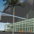 Modern Museum Building With Wave shaped Roof Glass Curtain Wall Water Reflection And Palm Trees