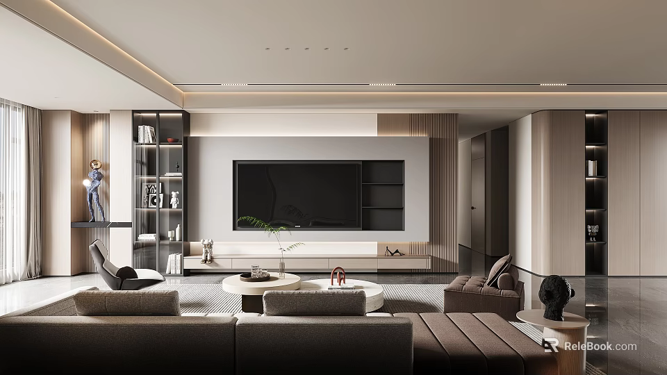 Modern Living Room Interior Design With TV Wall Panel Sofa Coffee Table And Bookshelf 3d model 