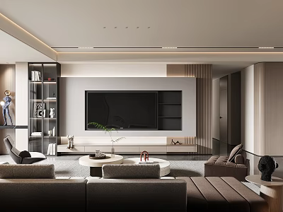 Modern Living Room Interior Design With TV Wall Panel Sofa Coffee Table And Bookshelf 3d model