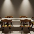Rectangular Dining Table Set with Wooden Chairs Yellow Cushions and Lighting in Modern Room