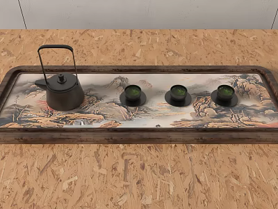 Tea Set With Wooden Tray Black Teapot Green Cups And Landscape Design On Table 3d model