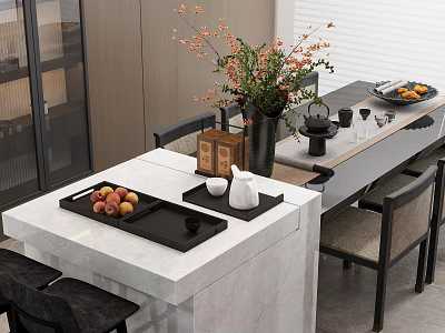 Modern Dining Table Set With Marble Top Dark Chairs Flower Vase And Fruit Platter 3d model