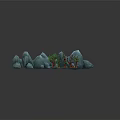 Whimsical Cartoon Scene With Blue Rocks Red Trunk Trees Green Leaves Brown Ground Colorful Details