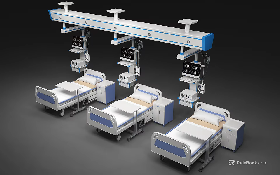 Hospital Medical Equipment Featuring Three Beds Medical Pendant Systems Display Screens And Bedside Cabinets 3d model 