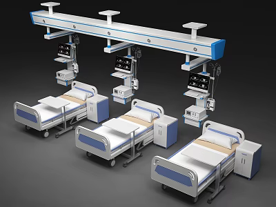 Hospital Medical Equipment Featuring Three Beds Medical Pendant Systems Display Screens And Bedside Cabinets 3d model
