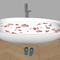 White Oval Bathtub Filled With Water And Red Petals On Wooden Floor Slippers Toiletries