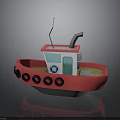 Red Toy Boat with Black Buoys White Cabin Green Door Gray Chimney Antenna on Deck