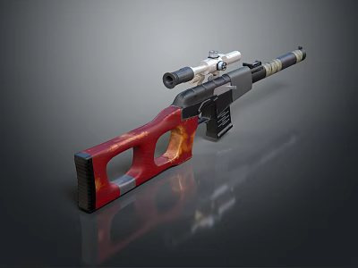 Tactical Rifle With Red Flame Patterned Stock Black Body And Scope 3d model