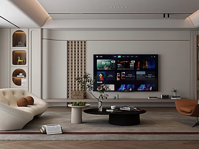 Modern Living Room Interior With White Sofa TV Wall Coffee Table And Green Plant 3d model