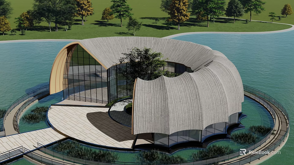 Modern Homestay Building with Curved Roof Large Glass Windows Waterfront Setting and Trees 3d model 