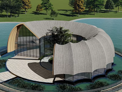 Modern Homestay Building with Curved Roof Large Glass Windows Waterfront Setting and Trees 3d model