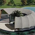 Modern Homestay Building with Curved Roof Large Glass Windows Waterfront Setting and Trees
