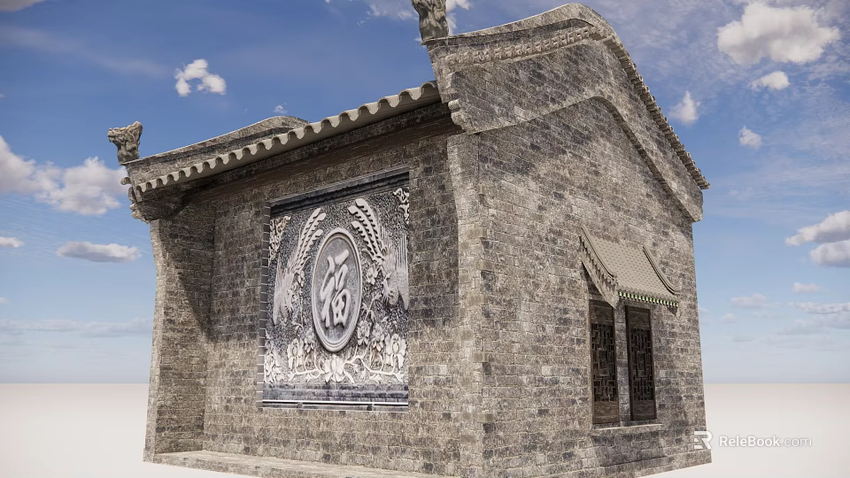 Traditional Ancient Architecture With Brick Wall Tiled Roof Ornate Eaves And Fortune Relief Design 3d model 