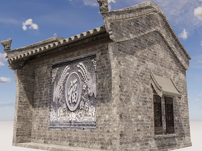 Traditional Ancient Architecture With Brick Wall Tiled Roof Ornate Eaves And Fortune Relief Design 3d model
