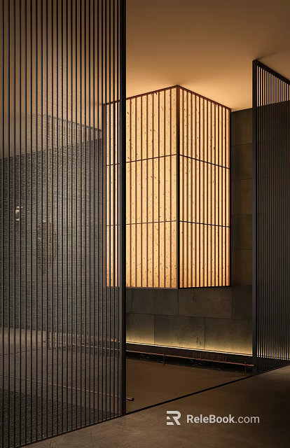 Contemporary Decorative Lights With Vertical Metal Lines Illuminate Warm Exterior Wall 3d model 
