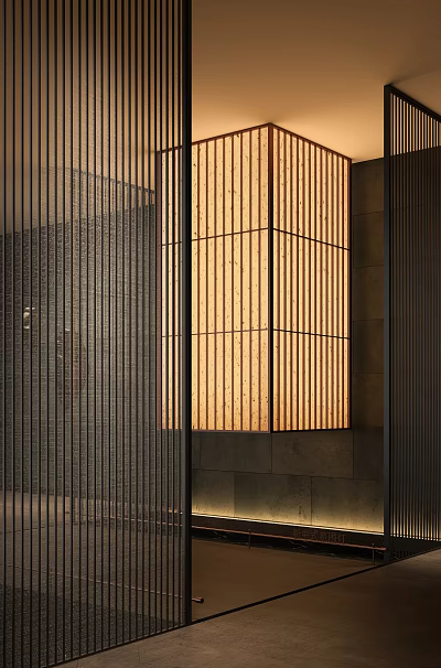 Contemporary Decorative Lights With Vertical Metal Lines Illuminate Warm Exterior Wall 3d model