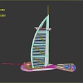 Cartoon Scene Featuring Burj Al Arab Building Model With Green Lawn And Water Area
