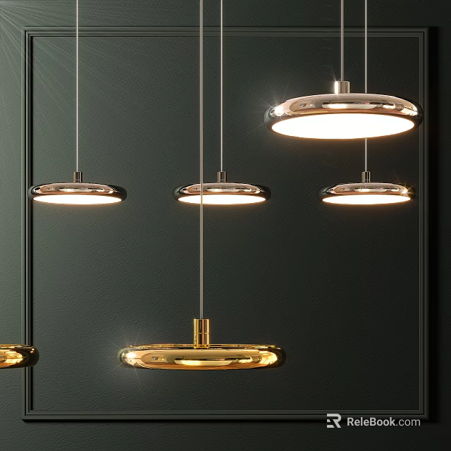 Modern Multiple Round Gold Metallic Pendant Lights Glowing In Interior Design 3d model 