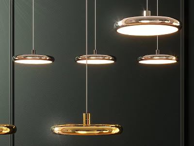 Modern Multiple Round Gold Metallic Pendant Lights Glowing In Interior Design 3d model