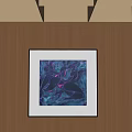 Dynamic Oil Painting With Abstract Figures In Purple Blue Pink Tones Hanging On Wooden Wall