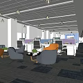 Open Public Office Space Featuring Desks Computers Orange Gray Chairs Patterned Carpet And Large Windows 3d model