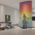 Vibrant Striped Column In Modern Interior Design With Sofa Stools And Wooden Flooring