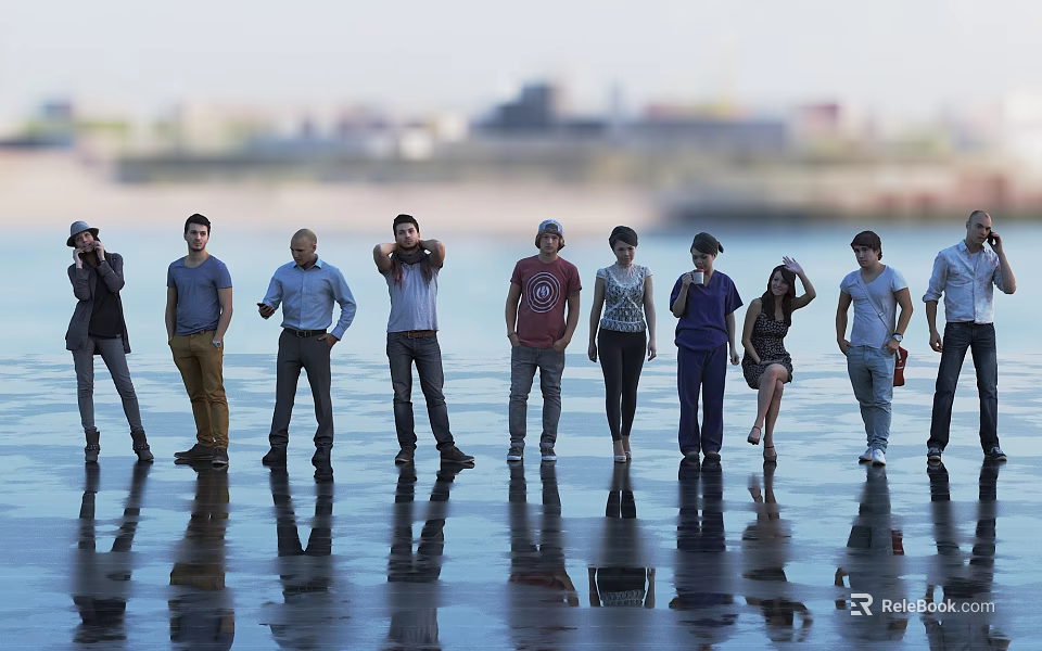 Group of People Standing by Waterfront with Reflections on Ground and City View 3d model 