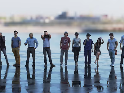 Group of People Standing by Waterfront with Reflections on Ground and City View 3d model