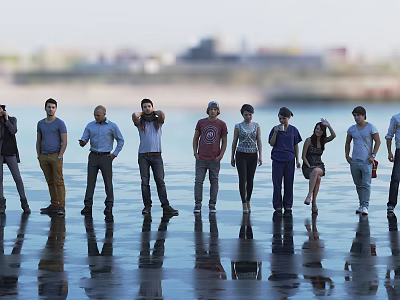 Group of People Standing by Waterfront with Reflections on Ground and City View 3d model