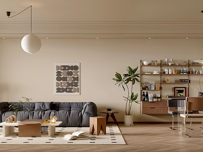 Living And Dining Room Interior With Gray Sofa Wooden Coffee Table And Green Plant 3d model