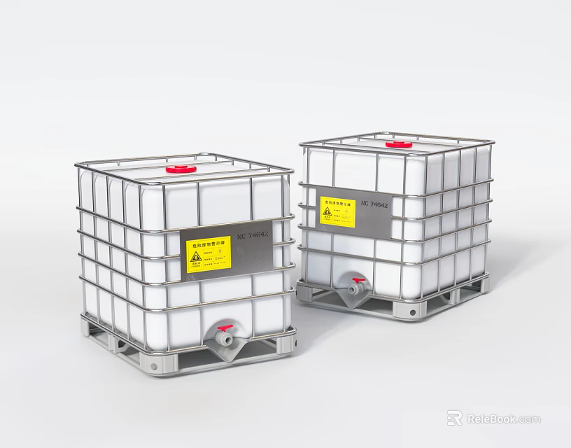 Two Industrial Equipment IBC Tanks With White Bodies Metal Frames Red Lids And Yellow Labels 3d model 