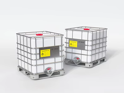 Two Industrial Equipment IBC Tanks With White Bodies Metal Frames Red Lids And Yellow Labels 3d model