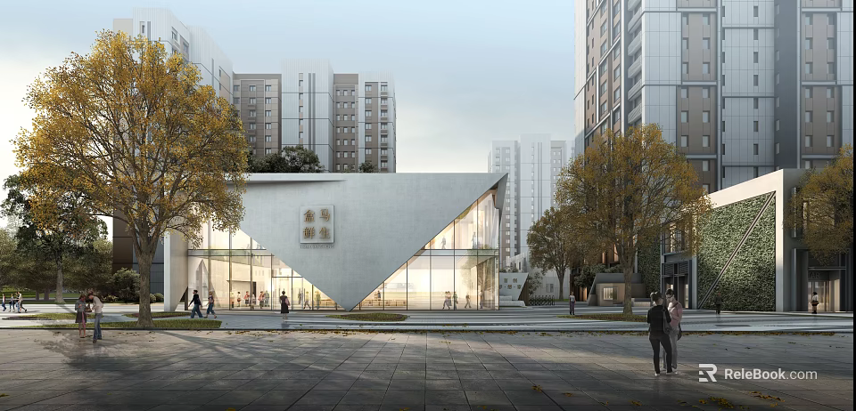 Modern Triangular Building With Glass Curtain Wall Pedestrians Trees And Urban Background 3d model 