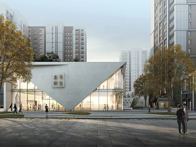 Modern Triangular Building With Glass Curtain Wall Pedestrians Trees And Urban Background 3d model