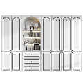 Wooden Chest of Drawers Under Arched Open Shelf With Black Wall and Grid Patterned Cabinets
