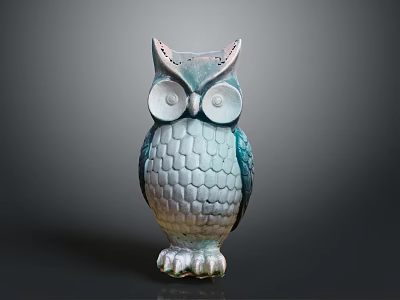 Teal Gradient Color Owl Decorative Figurine With Large Eyes Scaly Texture On Dark Background 3d model