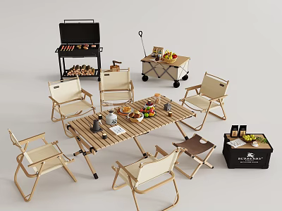 Foldable Beige Outdoor Chairs With Wooden Frame For Picnic Table Barbecue Grill And Food Drinks 3d model