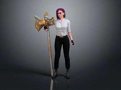 Game Movie Character With Purple Hair White Shirt Black Pants Holding Golden Axe And Device 3d model