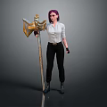 Game Movie Character With Purple Hair White Shirt Black Pants Holding Golden Axe And Device