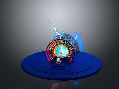 Cartoon Scene Blue Base Circular Portal With Colorful Glowing Rings Blue Lightning Around Character Silhouette 3d model