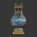 Chinese Traditional Cloisonne Vase With Blue Enamel Gold Dragon Handles And Crane Patterns