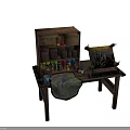 Vintage Functional Table with Paint Cans Cabinet Roller and Cloth Tools 3d model