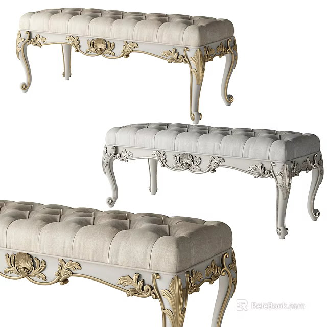 Elegant European Style Ottoman With Carved Gold Accents And Upholstered Seat 3d model 