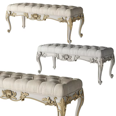 Elegant European Style Ottoman With Carved Gold Accents And Upholstered Seat 3d model