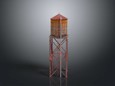 Vintage Water Tower with Red Roof Metal Frame and Ladder Structure 3d model